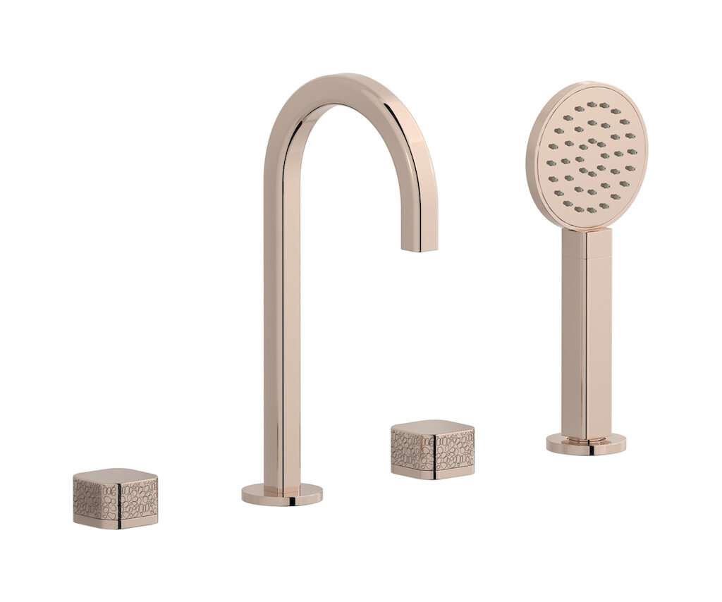 Смеситель на бортик ванной на 4 отверстий с дивертером и душевым гарнитуром. WE ARE IB eo396rs_2 Rose Gold Elio