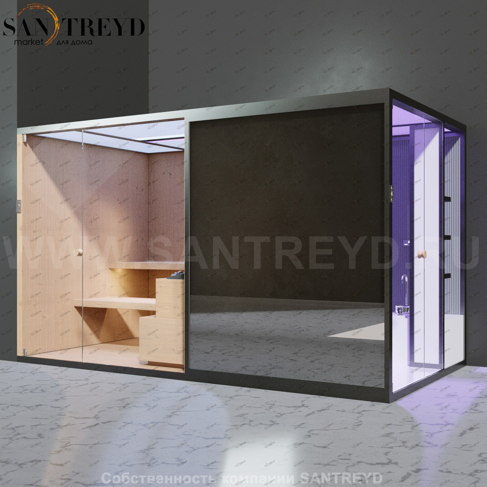 Effegibi BODYLOVE SH BL45140006 Боковая комбинированная баня: хаммам и сауна. Установка: в левый угол. Мощность: 15 кВт макс. Размеры: длина 393 см, ширина 176 см. Отделка: канадский хемлок, трубчатое стекло и зеркало.