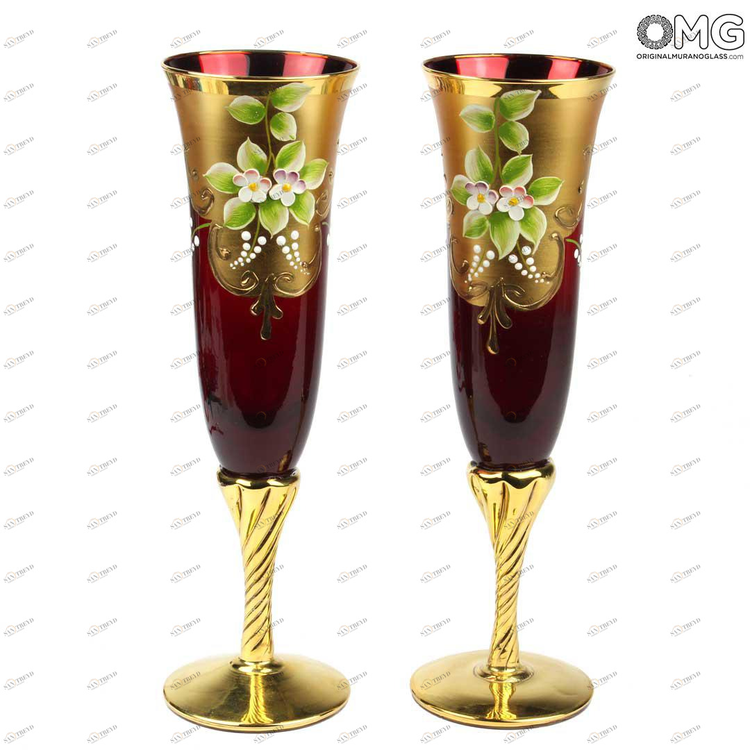2137 ORIGINALMURANOGLASS Набор из 2 бокалов-флюте красного цвета- я&ты- trefuochi - муранское стекло 6 см 