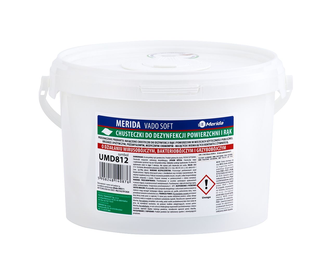 UMD812 Салфетки для дезинфекции рук и поверхностей VADO SOFT без содержания спирта, ведро 3 л, рулон 44,5 м, 445 листов Merida 