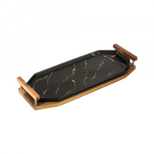 412-114 Посуда фарфоровая Блюдо для сервировки с деревянными ручками на подставке коллекция золотой мрамор Lefard