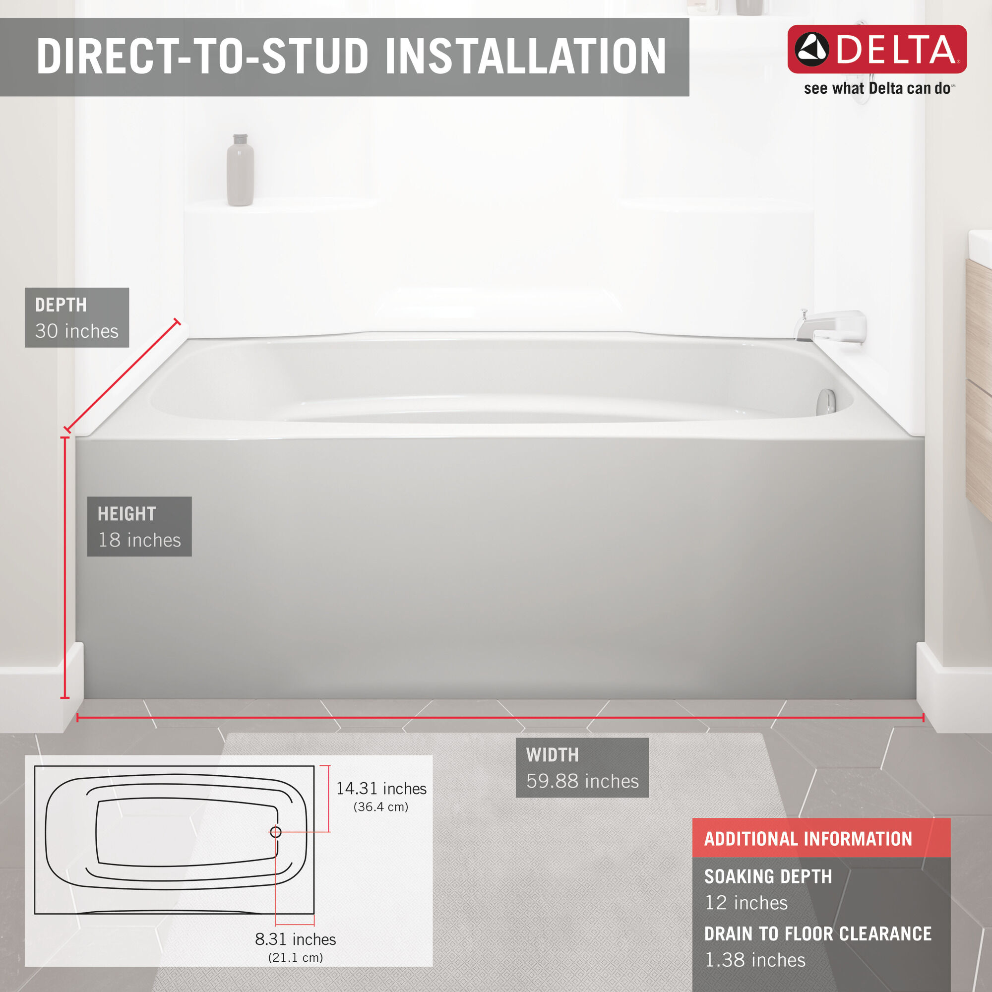 ProCrylic 60 дюймов x 30 дюймов Правая ванна Delta Faucet B10513-6030R-WH - Вид №5