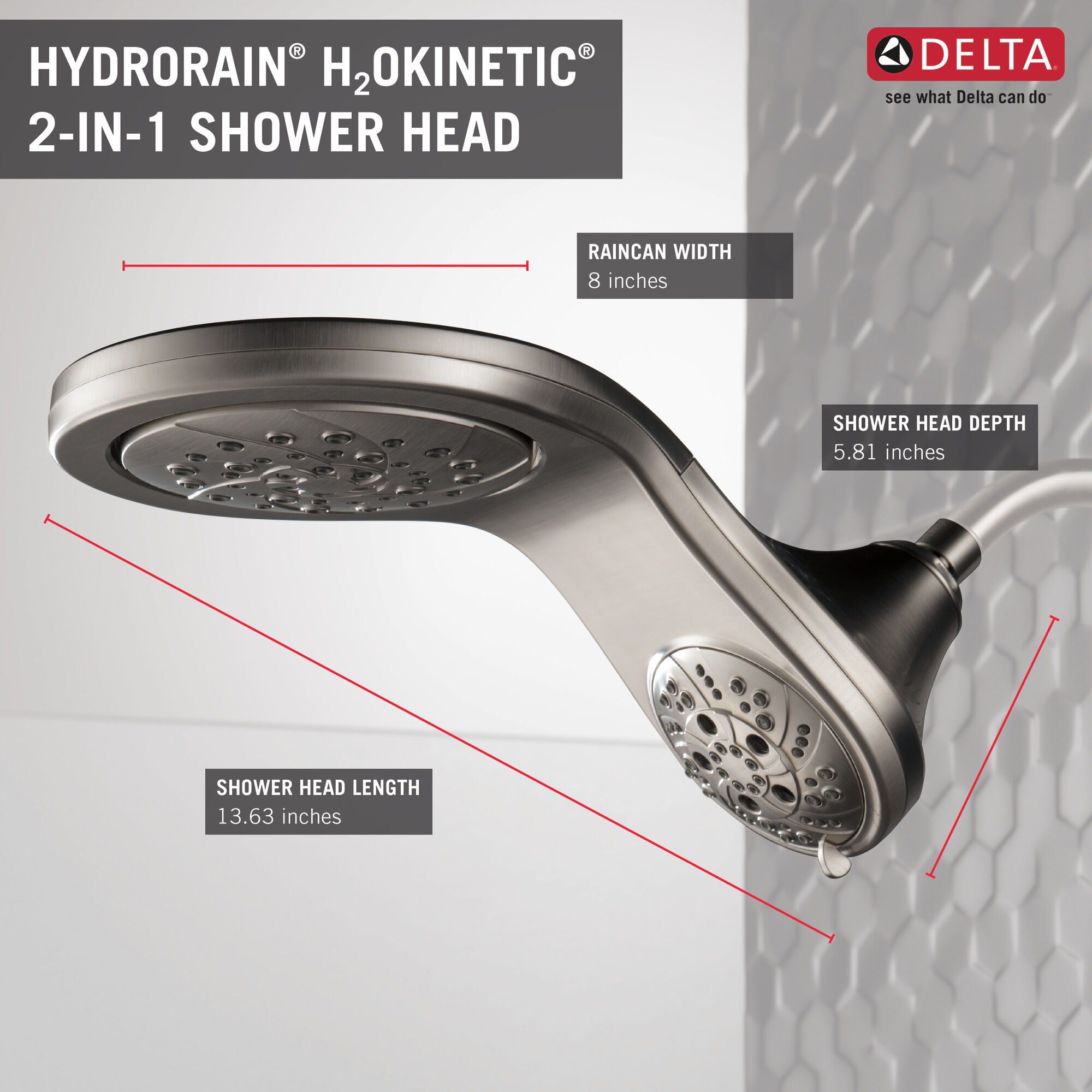 HydroRain® H2Okinetic® In2ition® Душ два в одном с 5 настройками Delta Faucet 58581-SS-PK - Вид №8