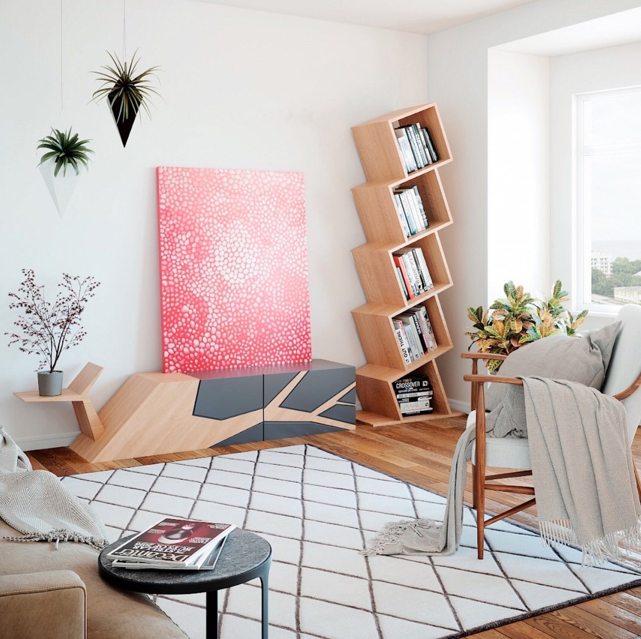 Стеллаж деревянный дизайнерский узкий дуб "Матрица на 4" от Odingeniy ODINGENIY СТЕЛЛАЖИ "МАТРИЦА" 178438 Бежевый  - Вид №5