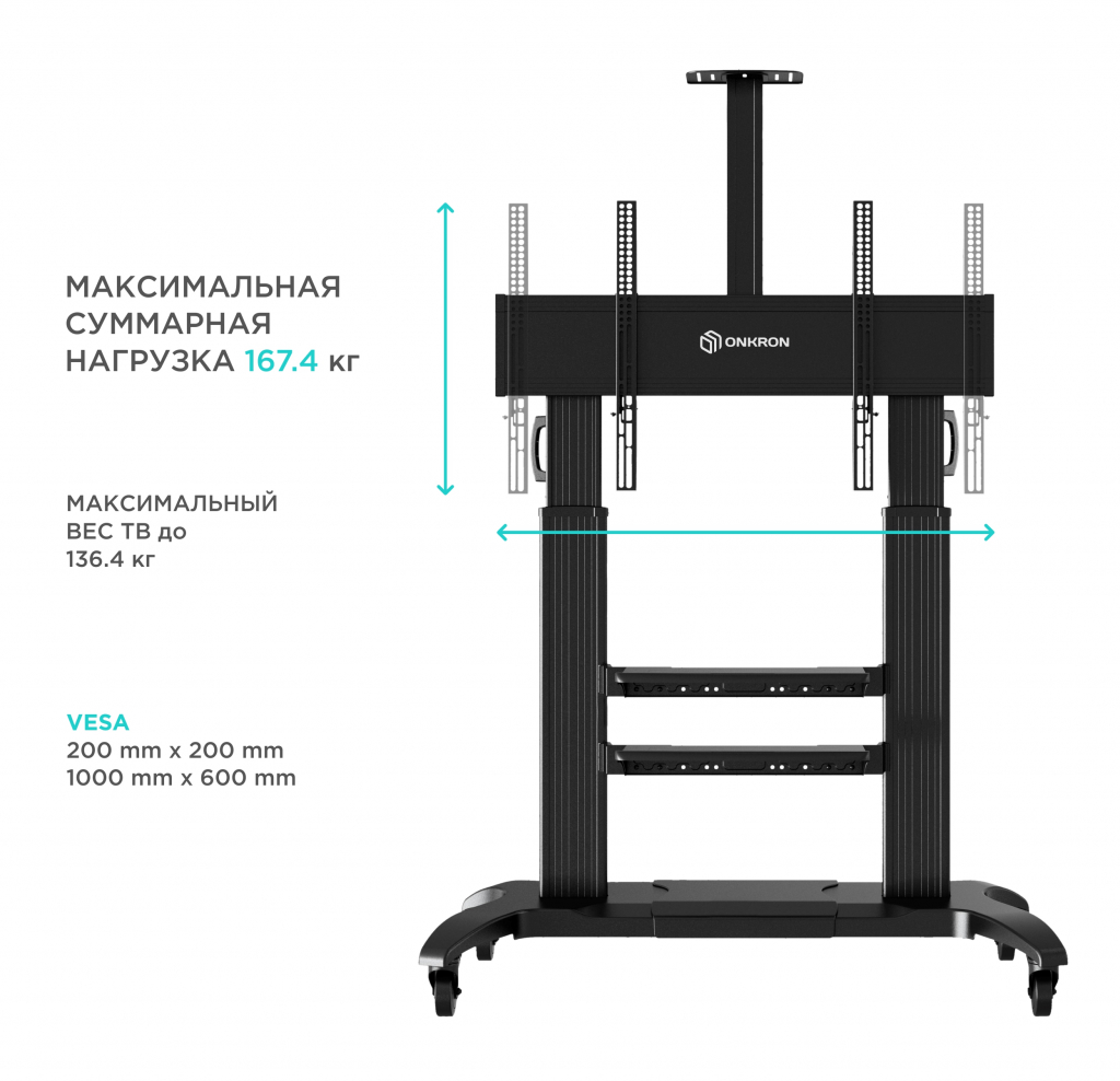 TS2811 BLACK Мобильная стойка на 1 тв/ 60-100" от 200х200 до 1000х600, макс нагр 136,4кг, высота 1400-1725мм, кабель-канал, регулируемая полка, черная ONKRON Santreyd  - Вид №5