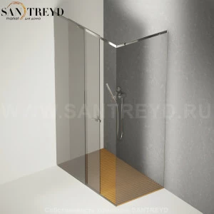Душевое ограждение FLAT D подрезаемое, стеклянная с подвижной дверью матовая перегородка с поддоном из тика. Размеры: глубина от 70 до 100 см, длина от 120 до 200 см