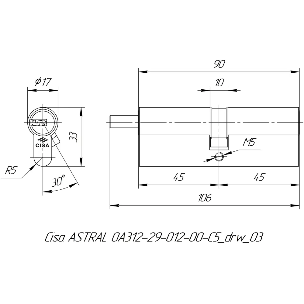 Цилиндр Cisa Astral ОА312-29.12, 40x10x40 мм, ключ/шток, цвет никель, без вертушки STLM-2099959 - Вид №4