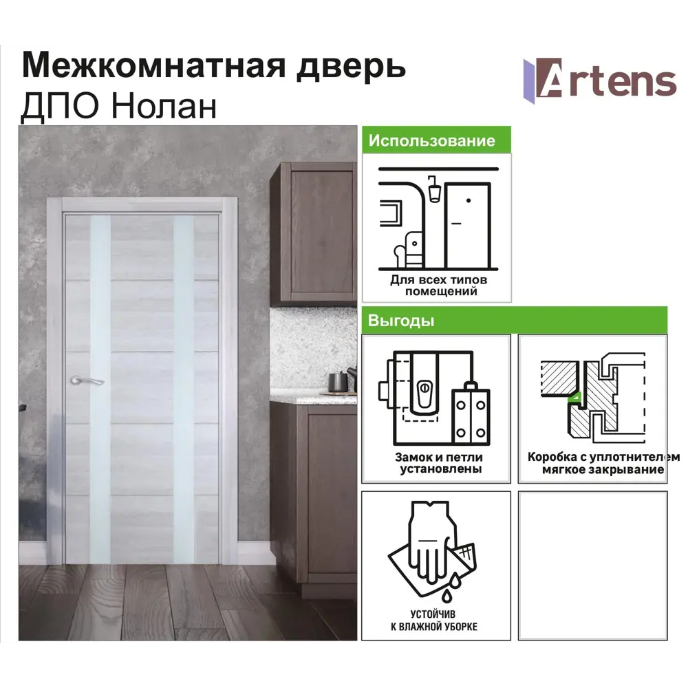 Дверь межкомнатная остеклённая Artens Нолан 80X200 см цвет дуб бьянко STLM-2025269 - Вид №3