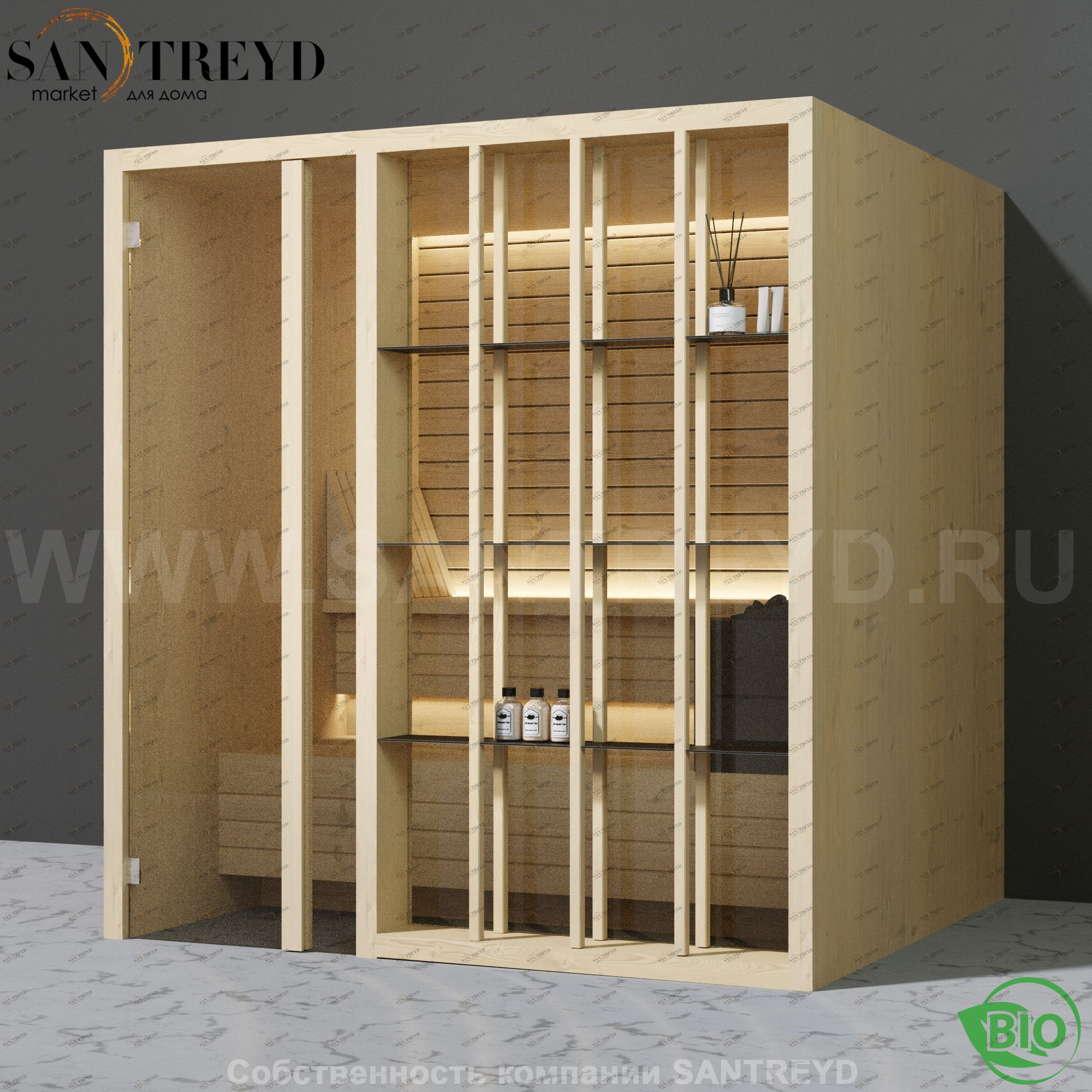 Effegibi YOKU.S80 BI.70100010 Био-сауна с левой дверью. Мощность: 9 кВт макс. Размеры: длина 202 см, ширина 180 см. Отделка: осина термообработанная BI70100010