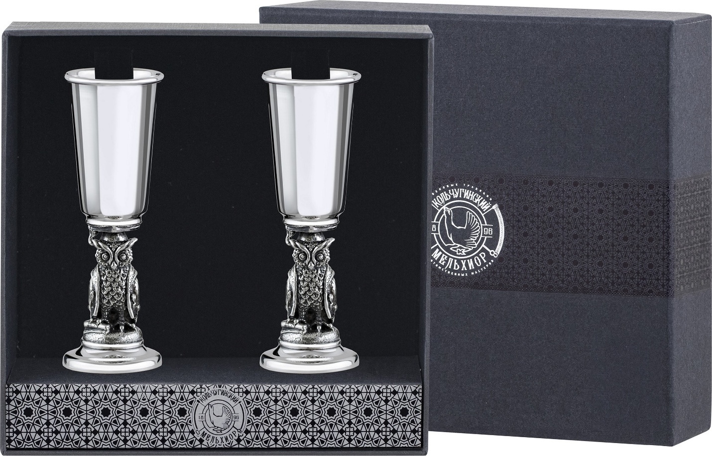 10645401 Аргента (Россия) Набор из 2 рюмок "Сова" посер. полир. с черн. + футляр 000000, -? Посеребрение 