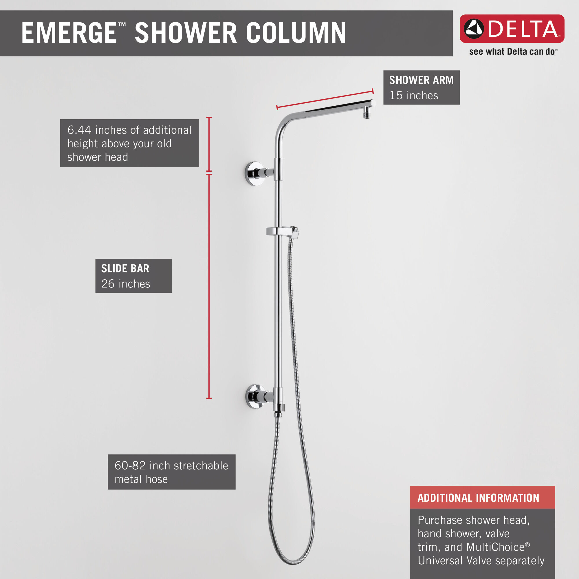 58820 Душевая стойка 26 дюймов, круглая Delta Faucet Universal Showering Хром  - Вид №15