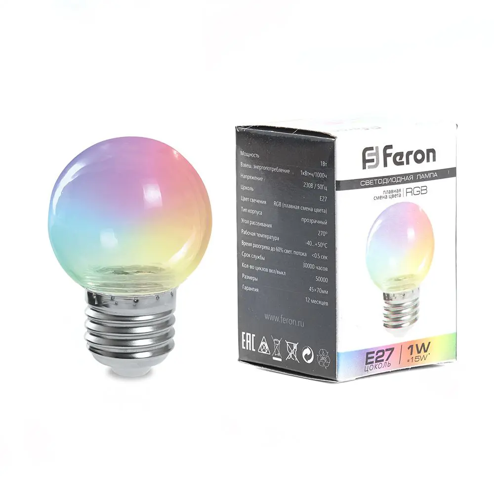 Лампа светодиодная Feron E27 LB-371 220 В 3 Вт шар регулируемый цвет света RGB прозрачный плафон 85499849 STLM-2012264  - Вид №1