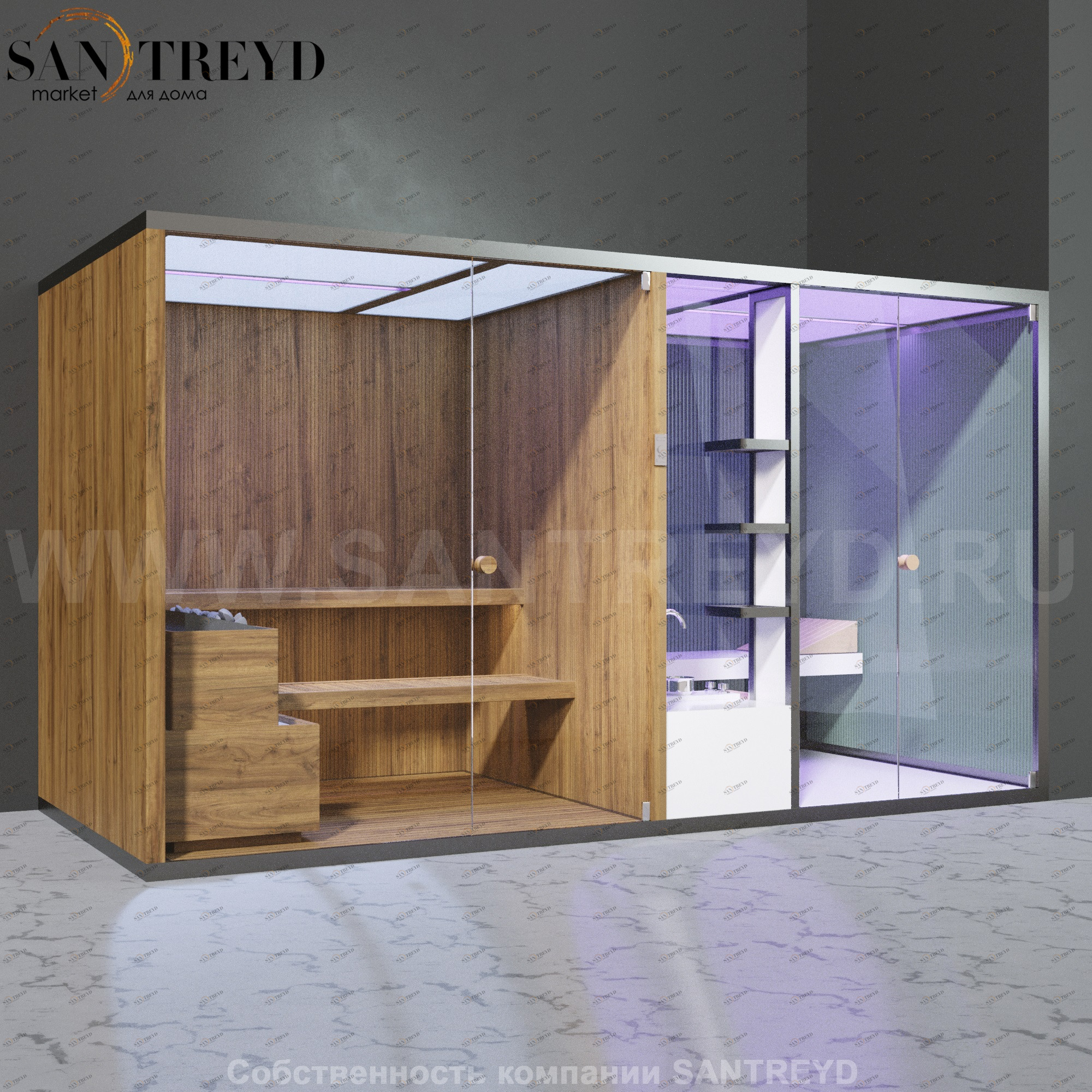 Effegibi BODYLOVE SH BL40240002 Фронтальная комбинированная баня: хаммам и сауна. Установка: в правый угол. Мощность: 15 кВт макс. Размеры: длина 393 см, ширина 176 см. Отделка: термообработанная древесина, трубчатое стекло и гладкая термообработанная дре