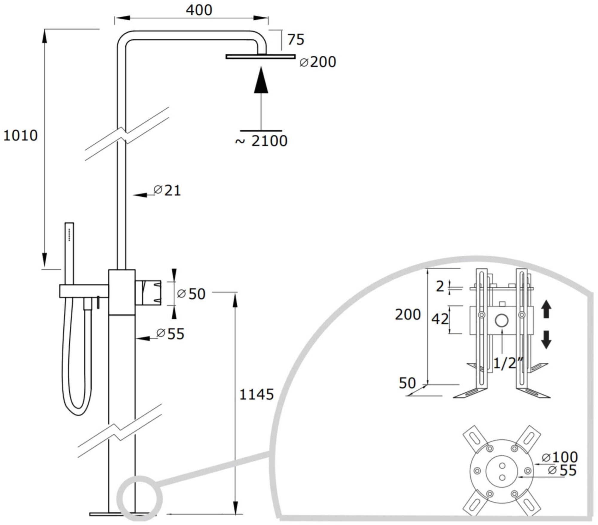 MINA Напольная душевая стойка из нержавеющей стали с душевой лейкой Synth 40802700 - Вид №3