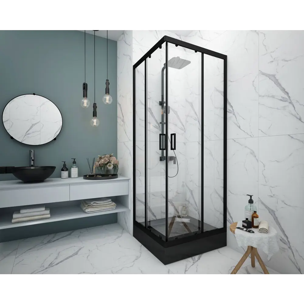 Душевая ширма Метакам Apart Black квадратная 90x90x185см цвет профиля черный раздвижная стекло 4мм прозрачное STLM-2206302