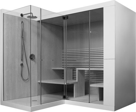 7503..002011000 Сауна Inipi Ama, пристенный и угловой вариант Inipi #7503 2350 x 2205 x 2220 мм Белый глянцевый декор Duravit  - Вид №1