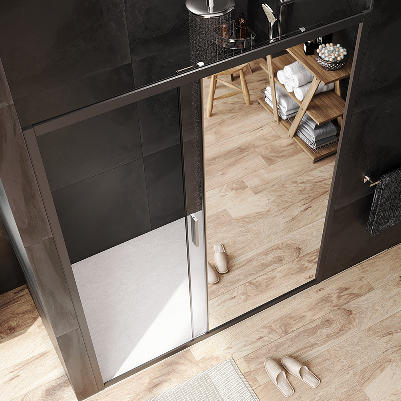 W90G-150-1-195BMir Solo Дверь душевая 150х195 стекло зеркальное профиль черный матовый AM.PM Gem - Вид №1