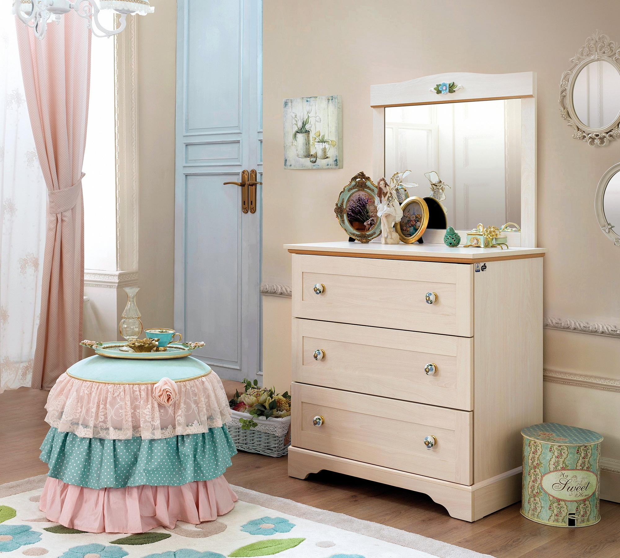 Комод деревянный с 3 ящиками беленый дуб Flower CILEK FLOWER 00-3832240 Бежевый Santreyd - Вид №2