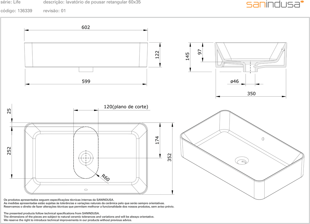 136339004 Накладная раковина на столешницу  прямоугольная Sanindusa  - Вид №1