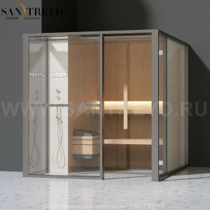 Effegibi LOGICAFILO S LO21010014 Сауна. Установка: в левый  полуугол. Левая дверь. Мощность: 6 кВт макс. Размеры: длина 214 см, ширина 250 см. Отделка: канадский хемлок, матовый лакированный серый аллюминий и бежевый ламинат из керамогранита.