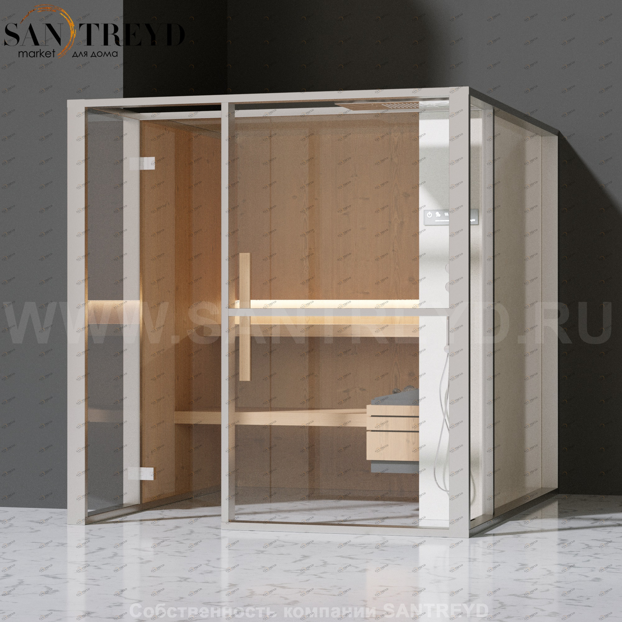 Effegibi LOGICAFILO S LO21020013 Сауна. Установка: в левый  полуугол. Правая дверь. Мощность: 6 кВт макс. Размеры: длина 214 см, ширина 250 см. Отделка: канадский хемлок, матовый лакированный белый аллюминий и серый ламинат из керамогранита.