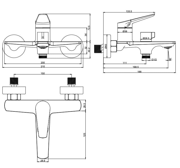 Настенный смеситель для ванны с ручным душем Lablù больше ARCH-00136965 - Вид №2