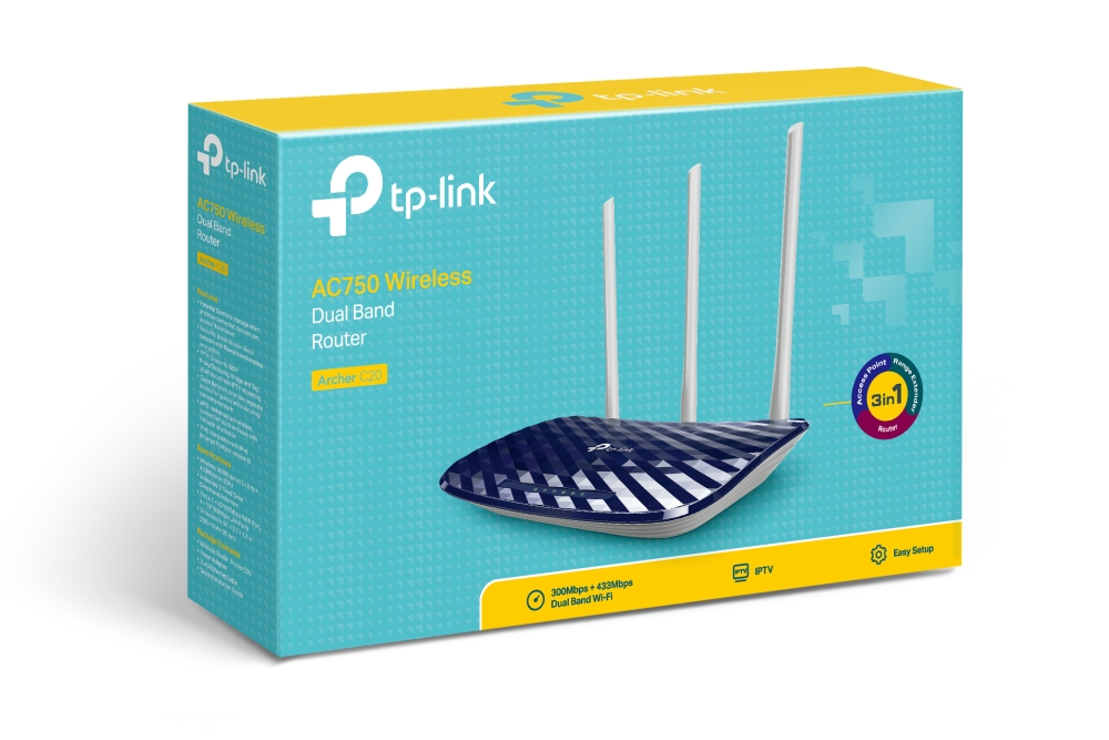 Archer C20(RU) Ac750 wireless dual band router, 433 at 5 ghz +300 mbps at 2.4 ghz, 802.11ac/a/b/g/n, 1 port wan 10/100 mbps + 4 ports lan 10/100 mbps, 3 fixed antennas TP-Link Santreyd  - Вид №3
