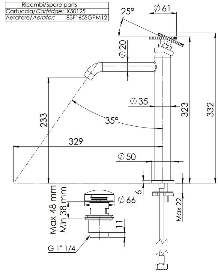 Однорычажный высокий смеситель для раковины Remer Rubinetterie Chrono ARCH-00081804