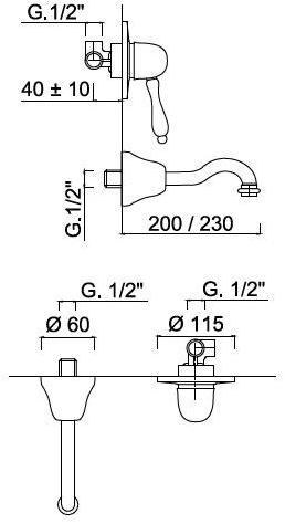 Rubinetteria Giulini Смеситель для умывальника настенный с одной ручкой на 2 отверстия Pragamix - pragamix crystal F7521 - Вид №1