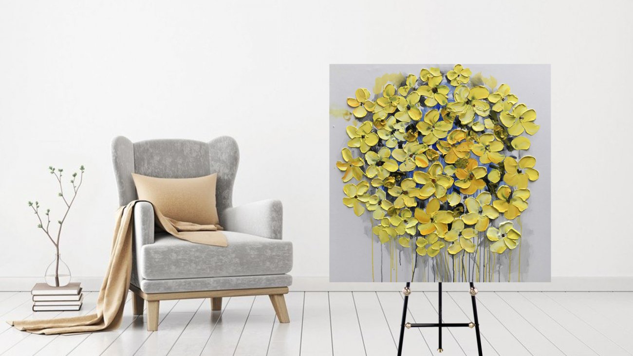 Картина на холсте 100х100 см "Прекрасные жёлтые цветы" EVENHOME КАРТИНЫ МАСЛОМ 130027 Бежевый;желтый;разноцветный  - Вид №1