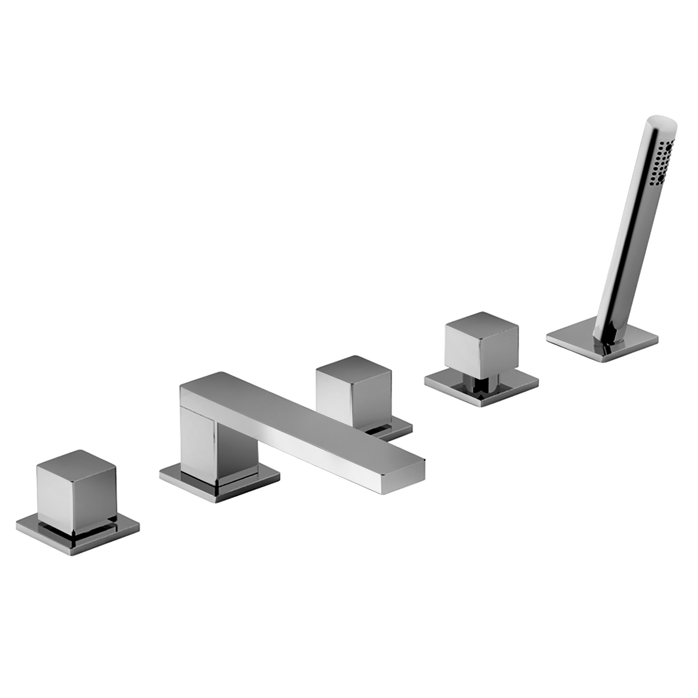 F165  Набортный смеситель для ваннывылет 17,5 см ручки на 5 отверстий переключатель на 2 потока с поворотной кнопкой ручная лейка FIT гибкий шланг 150 см картридж керамический 90° впуски 1/2'' подводка Fantini Rubinetti MINT