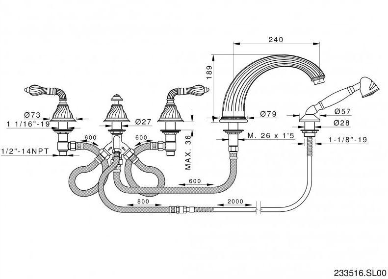 Bronces Mestre Комплект для ванны на 3 отверстия с ручным душем Artica with porcelain 233516.sl00.50 - Вид №1