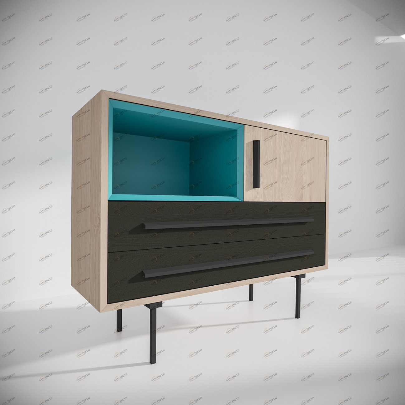 Тумба под телевизор с двумя ящиками 80х100 см коричневая с бирюзовым Модуль-E BRAGIN DESIGN TUBE 00-3862388 Бежевый;голубой;коричневый