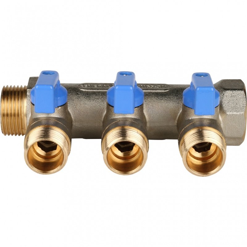 Коллектор с шаровыми кранами 3/4" STOUT 3 выхода 1/2", синие ручки SMB6201341203 - Вид №2