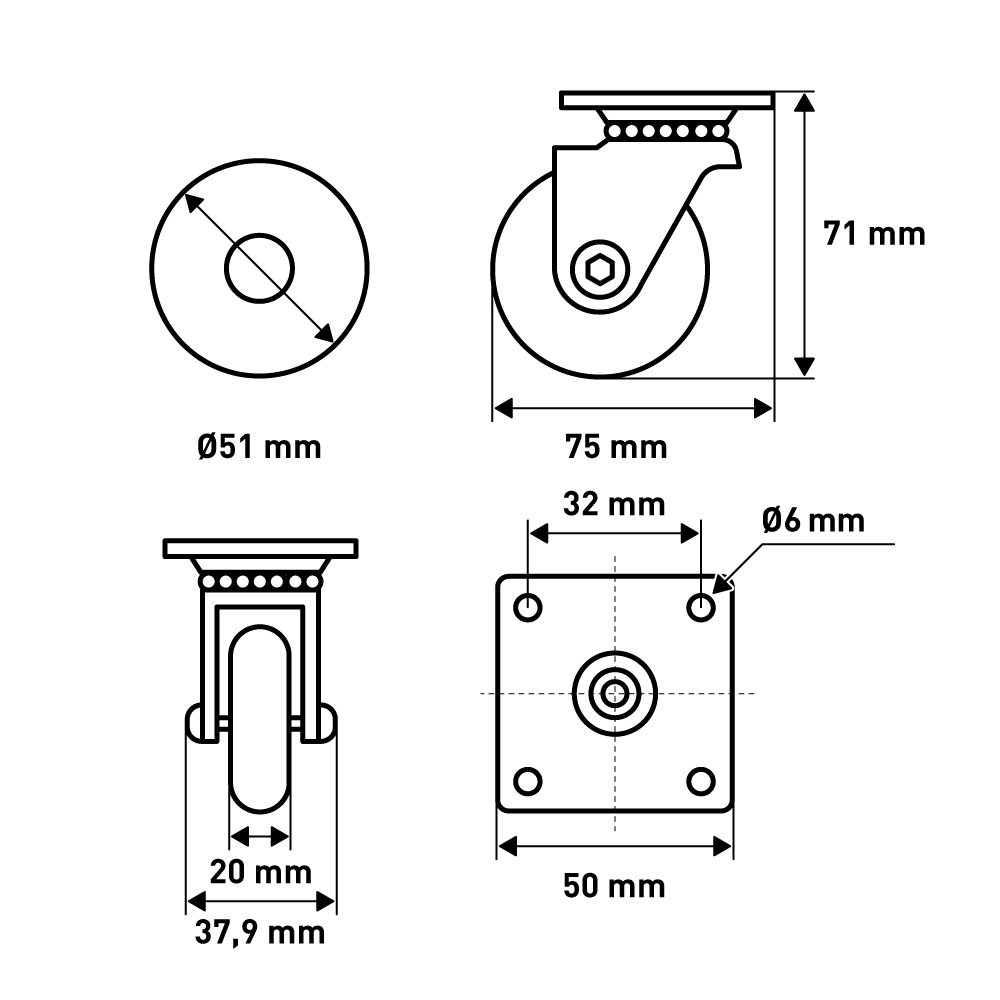 Мебельное колесо поворотное , на платформе, без тормоза, D50, серый LJPS0230 Public Steel Россия  - Вид №2