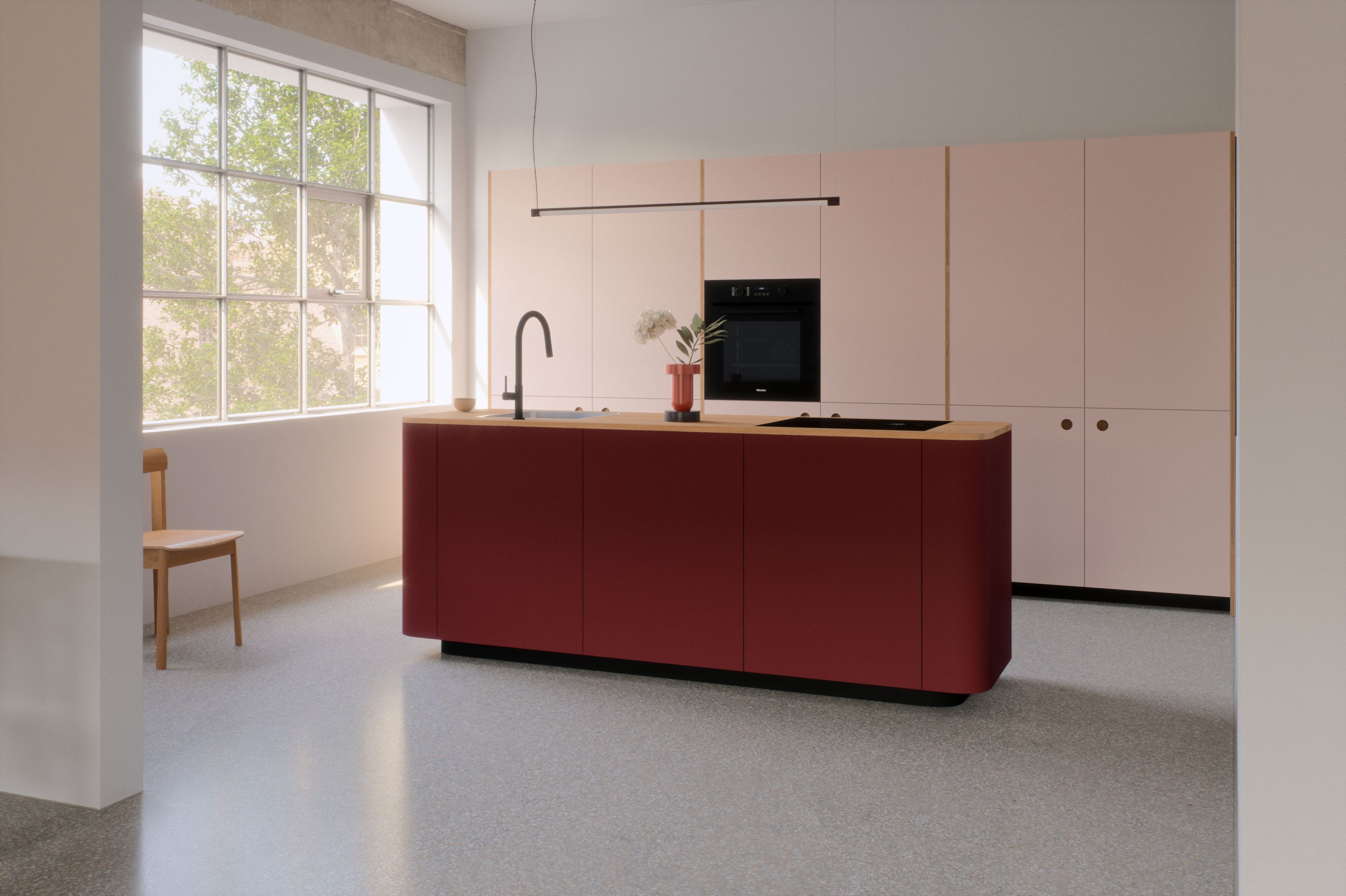 Линейная линолеумная секционная кухня с островом Neuvermoebelt SMART LINE KITCHEN SYSTEMS ARCH-00038941 - Вид №1