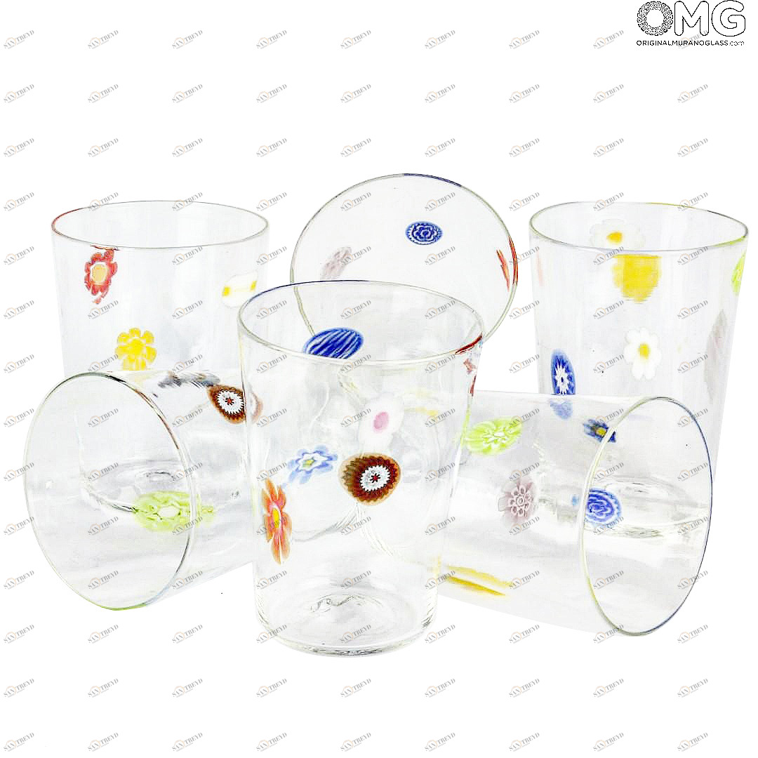 2179 ORIGINALMURANOGLASS Набор из 6 разноцветных стаканов - Sorrento Millefiori - Goto - муранское стекло 8 см 
