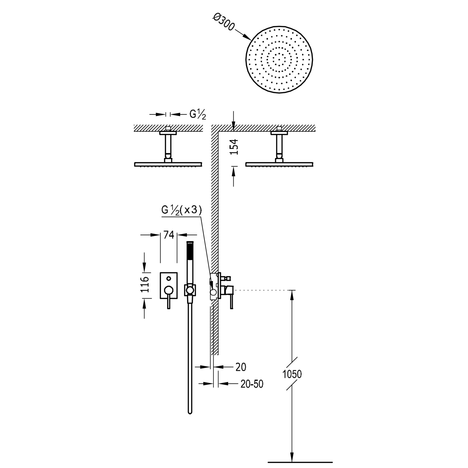 МАКСИМАЛЬНЫЙ комплект 2-ходового скрытого смесителя для душа с одной ручкой-06218080 TRES  - Вид №1