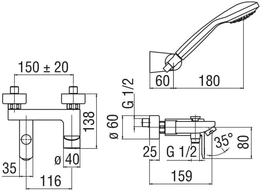 Nobili Rubinetterie Смеситель для ванны настенный New road Rd00110cr - Вид №1