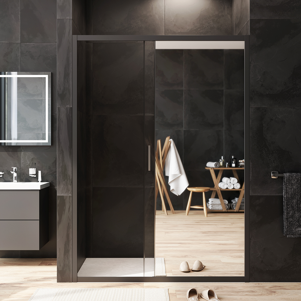W90G-140-1-195BMir Solo Дверь душевая 140х195 стекло зеркальное профиль черный матовый AM.PM Gem - Вид №2