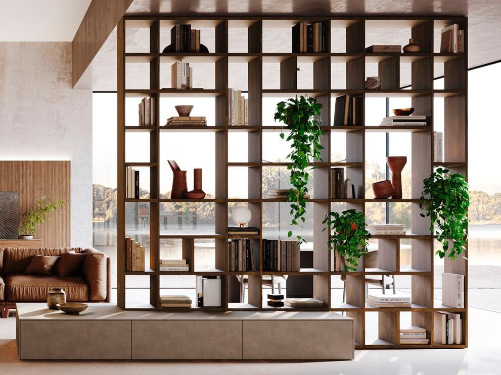 Двухсторонний книжный шкаф из грецкого ореха с креплением пол-потолок Guzzini & Fontana House of Sax ARCH-00069736