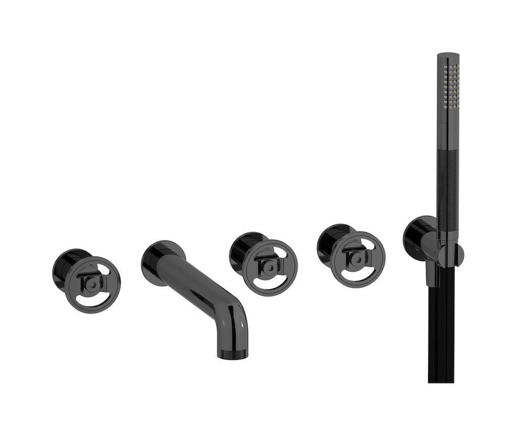 Настенный смеситель для ванной на 5 отверстий с дивертером и душевым гарнитуром. WE ARE IB b1398cf Black Chrome Bold