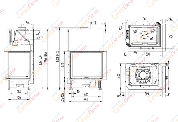 Каминная топка Austroflamm 69х49х57 S R правый угол 1598 - Вид №1