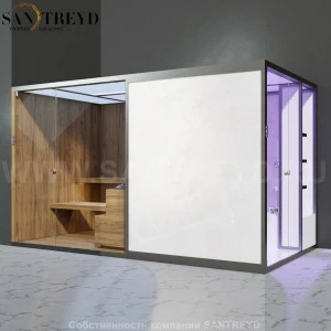 Effegibi BODYLOVE SH BL45210005 Боковая комбинированная баня: хаммам и сауна. Установка: в левый угол. Мощность: 15 кВт макс. Размеры: длина 393 см, ширина 176 см. Отделка: термообработанная древесина, светлый керамогранит.