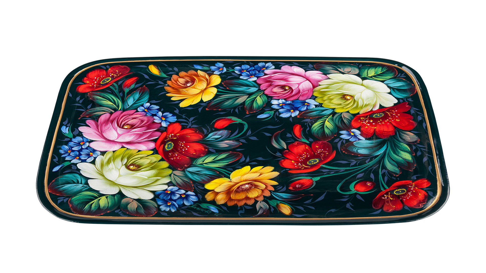 10620671 Жостовская фабрика декоративной росписи Набор из 2 подстаканников в шкатулке с подносом 21х18см У-349 (худ.роспись) Латунь  - Вид №3