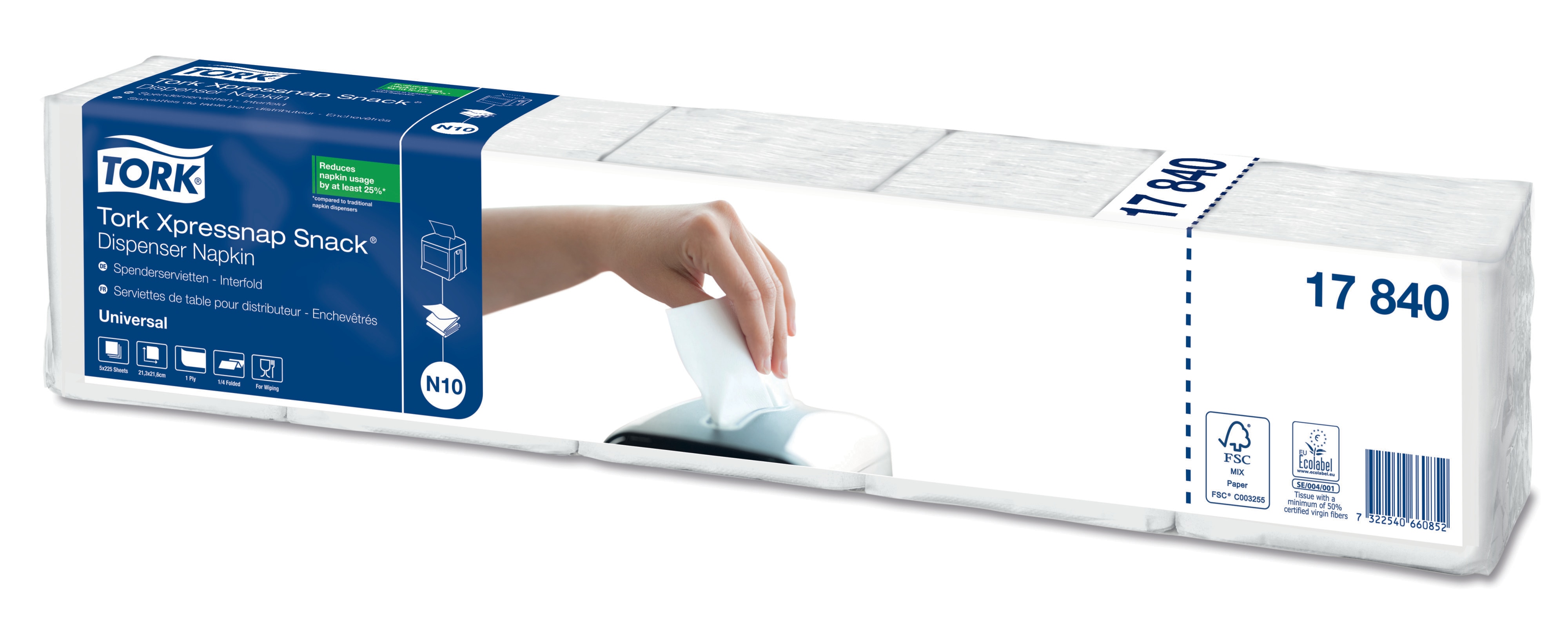 1784042 Белая диспенсерная салфетка Xpressnap Snack™, сложенная в 1/4 раза Tork  - Вид №1