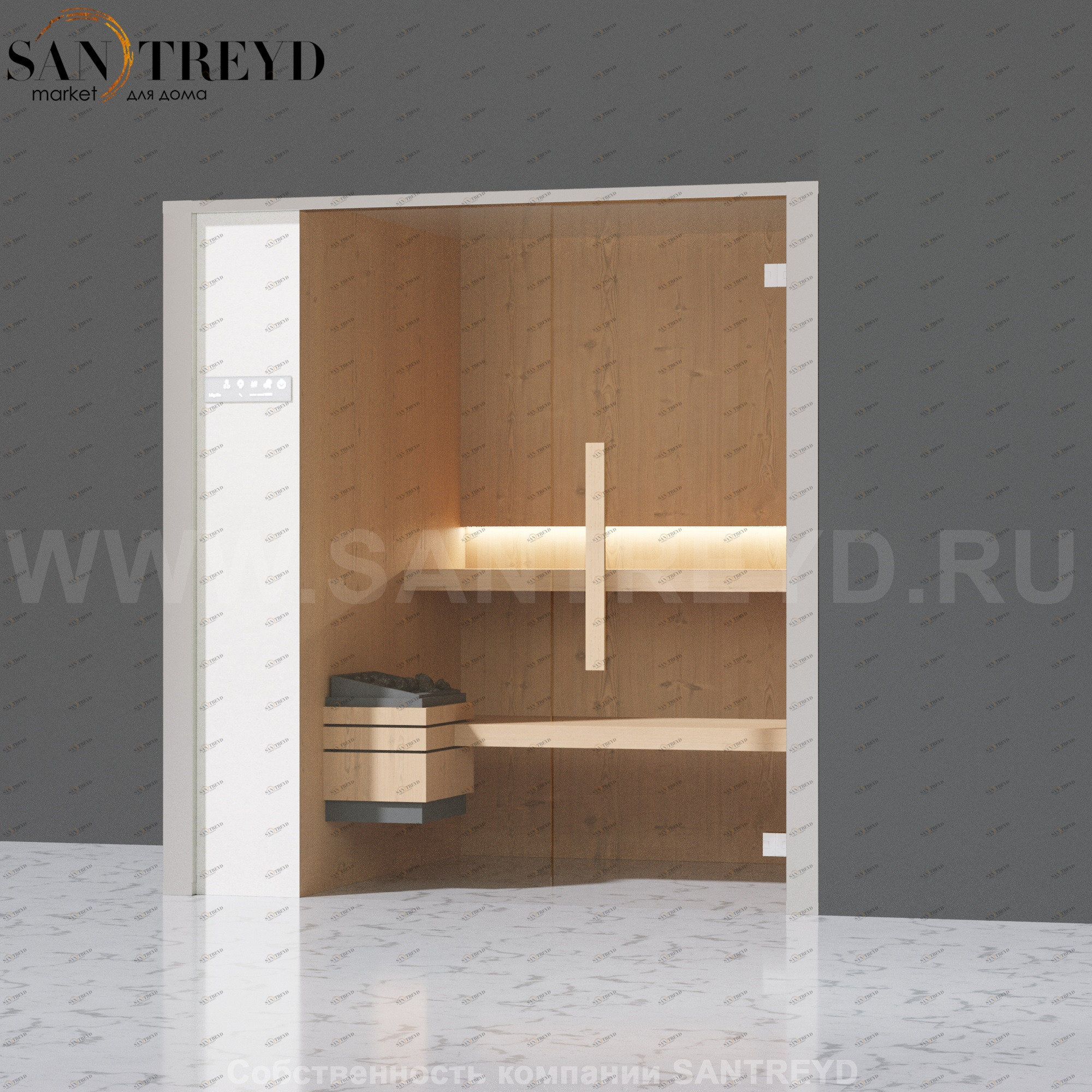 Effegibi ONEFILO S LO51020008 Сауна. Установка: в правый угол. Левая дверь. Мощность: 4,5 кВт макс. Размеры: длина 214 см, ширина 171 см. Отделка: матовый лакированный белый аллюминий и серый ламинат из керамогранита.