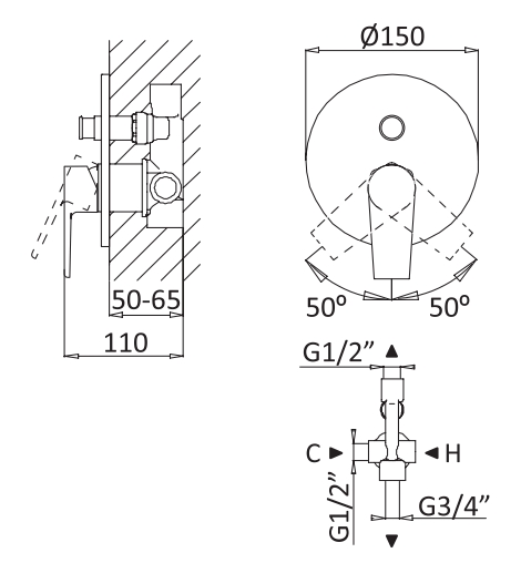 Встраиваемый однорычажный смеситель для душа с переключателем CEZARES NAUTIC-VDIM-01 - Вид №1