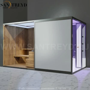 Effegibi BODYLOVE SH BL45240005 Боковая комбинированная баня: хаммам и сауна. Установка: в левый угол. Мощность: 15 кВт макс. Размеры: длина 393 см, ширина 176 см. Отделка: термообработанная древесина, трубчатое стекло и гладкое стекло.