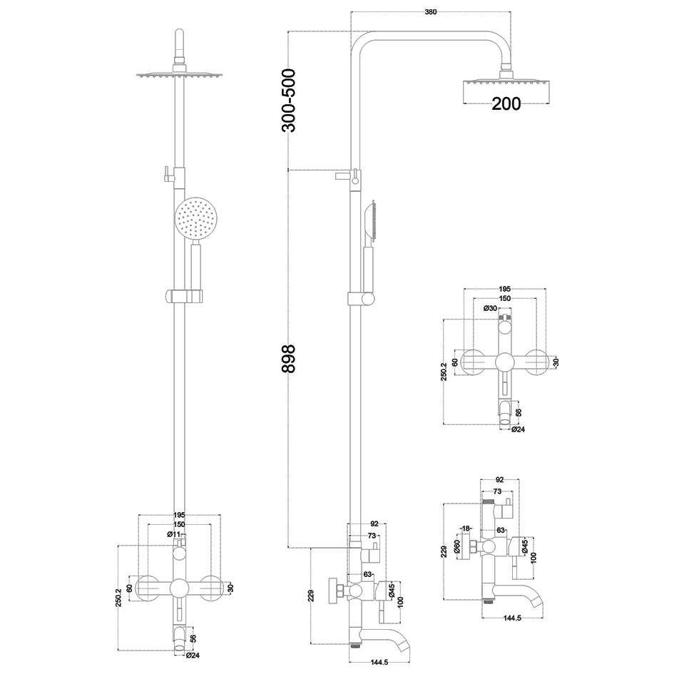 Душевая система MELANA-610107 Tondo нерж.сталь, с тропическим душем, лейкой и смесителем 610107 - Вид №3